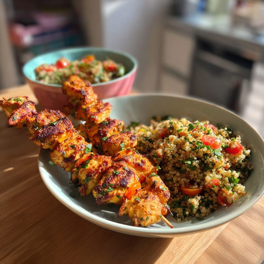 Air Fryer Hähnchen-Gemüse-Spieße mit Quinoa-Salat