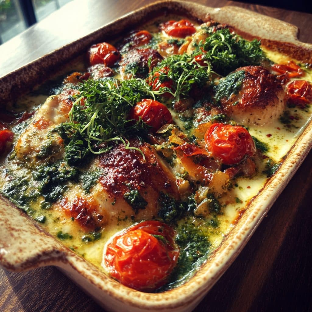 Bärlauch-Pesto-Hähnchen-Auflauf mit Kartoffeln und Kirschtomaten
