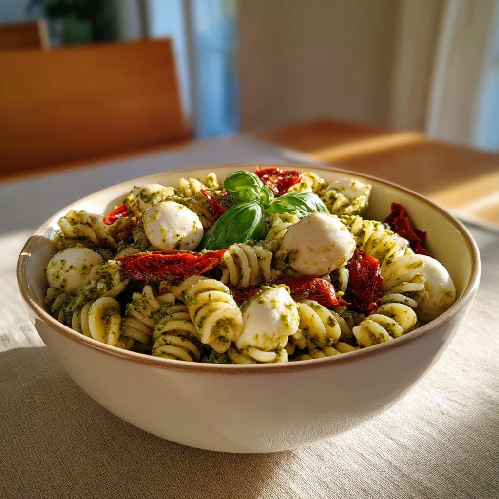 Bärlauch-Pesto-Nudelsalat mit getrockneten Tomaten und Mozzarella