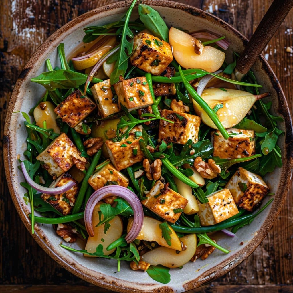 Birnen, Bohnen und Geräucherter Tofu-Salat mit Honig-Senf-Dressing
