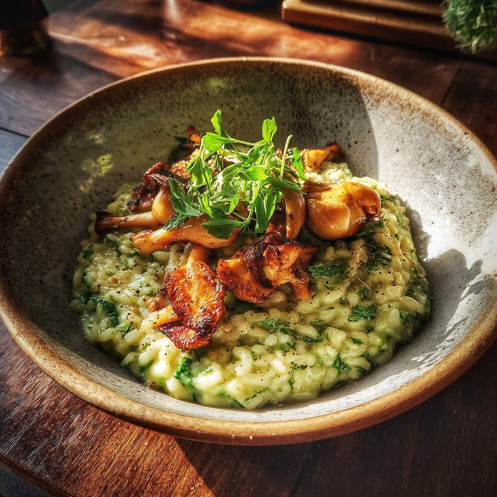 Cremiges Bärlauch-Risotto mit gebratenen Pilzen