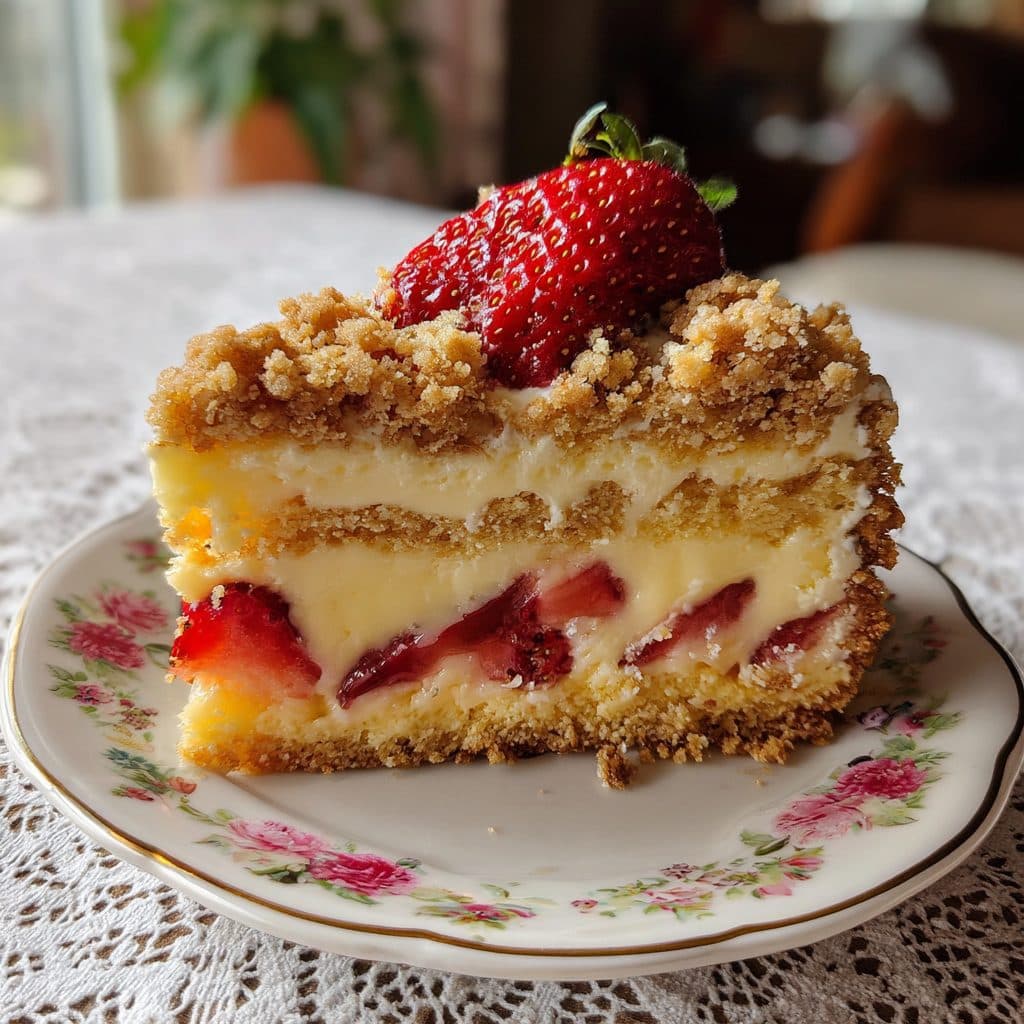 Erdbeer-Streuselkuchen mit Vanillepuddingfüllung