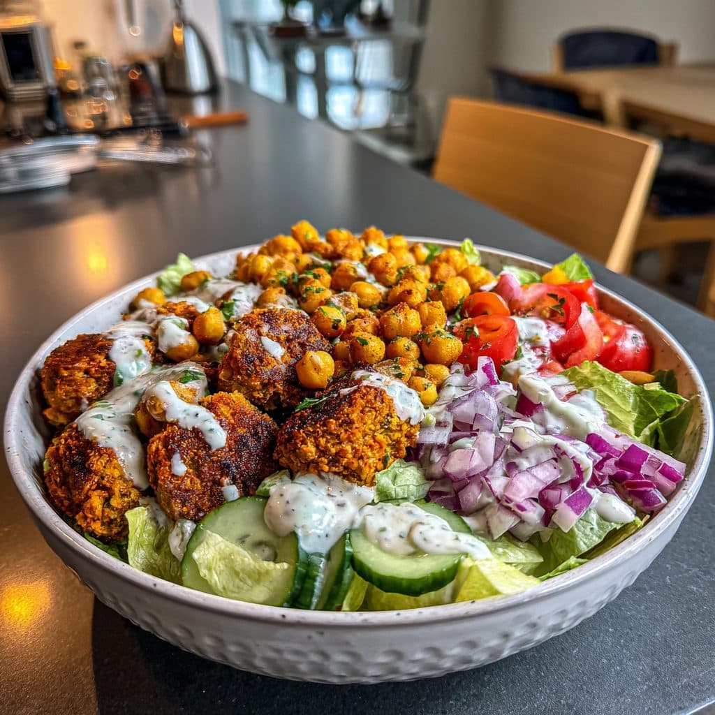 Falafel-Salat-Bowl mit Minz-Joghurt-Dressing und gerösteten Kichererbsen