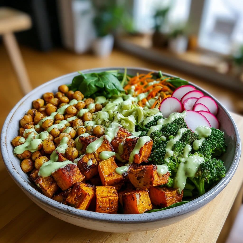 Frühlings-Buddha-Bowl mit Süßkartoffel, Kichererbsen und Avocado-Dressing