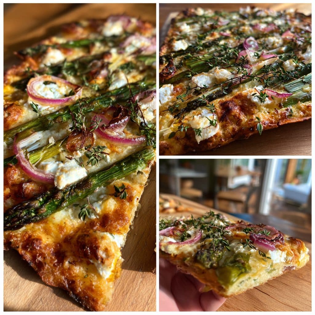 Frühlings-Flammkuchen mit grünem Spargel, Ziegenkäse und Honig-Thymian