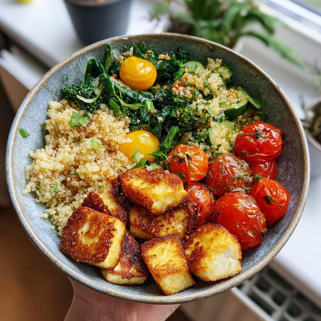 Frühlings-Quinoa-Bowl mit knusprigem Halloumi