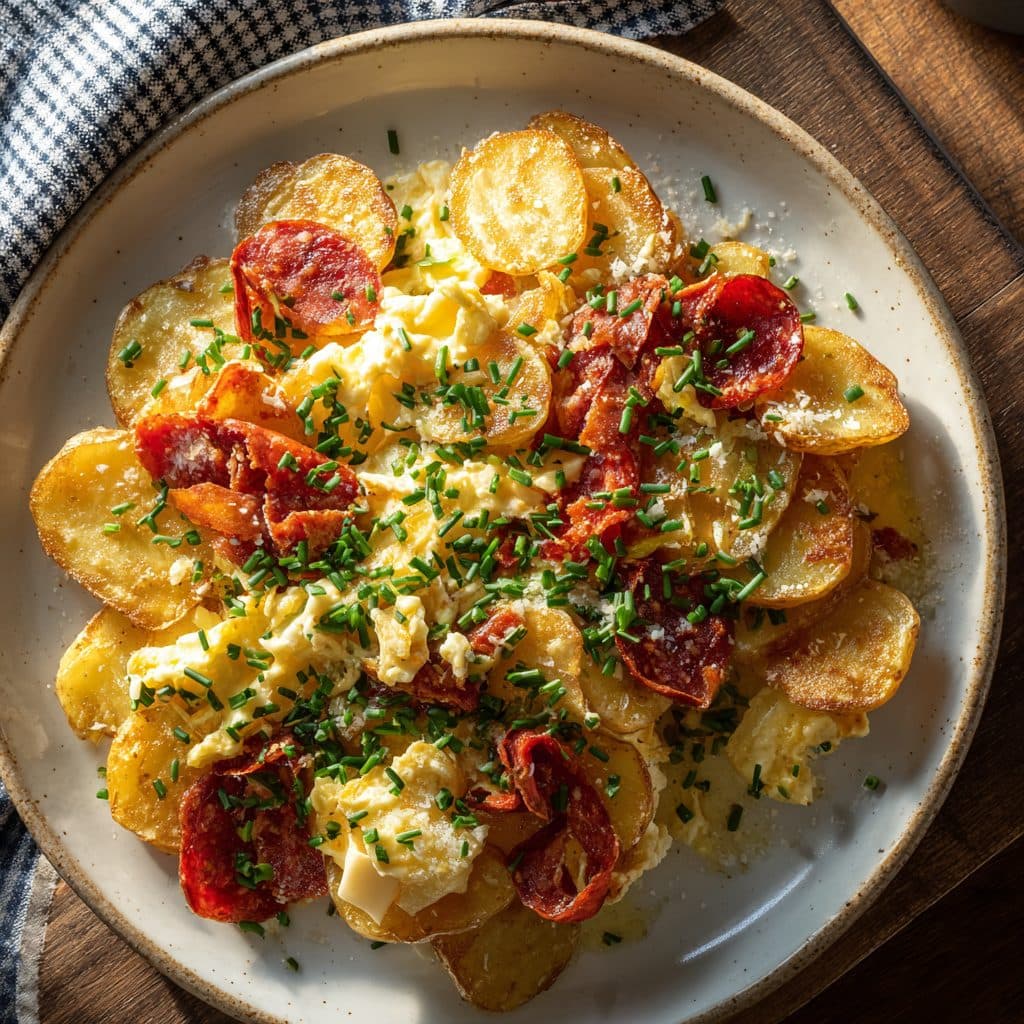 Gebratene Peperoni und Eier mit Kartoffeln und Zwiebelhering