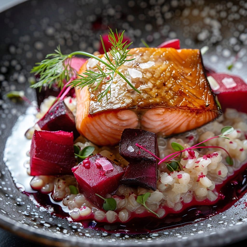 Gebratenes Lachsfilet auf Rahm-Graupen mit Meerrettich und Rote Bete