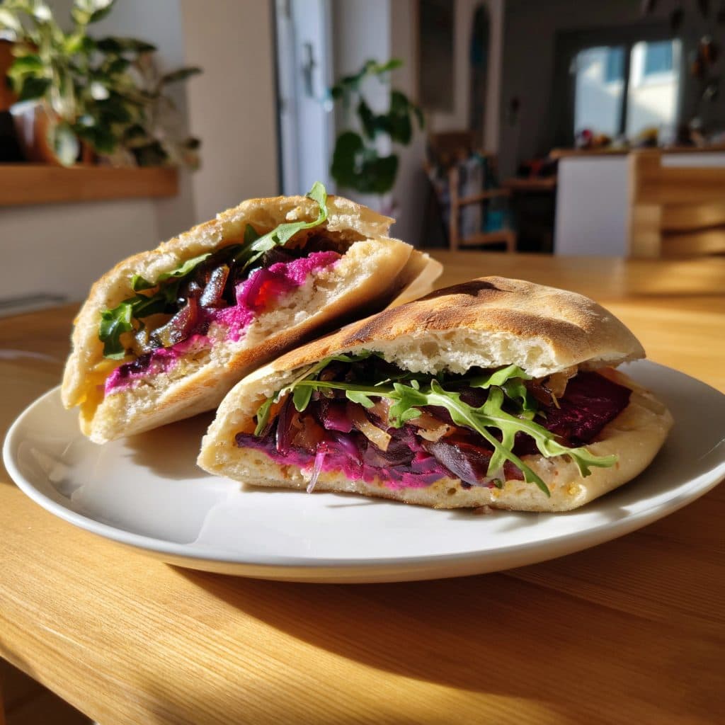 Gefüllte Pitas mit Rote Bete-Ziegenkäse-Aufstrich und Balsamico-Zwiebeln
