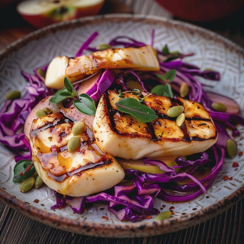 Gegrillter Halloumi-Käse mit Apfel-Rotkraut und Kümmel-Vinaigrette
