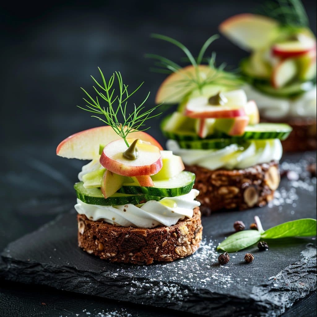 Geräucherte Forellenmousse auf Pumpernickel mit Apfel-Meerrettich-Relish