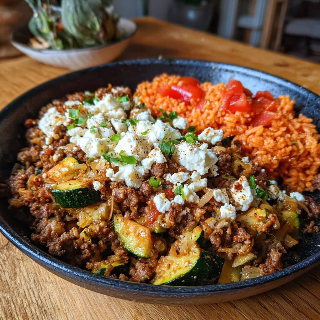 Griechische Hackfleisch-Zucchini-Pfanne mit Feta und Tomatenreis