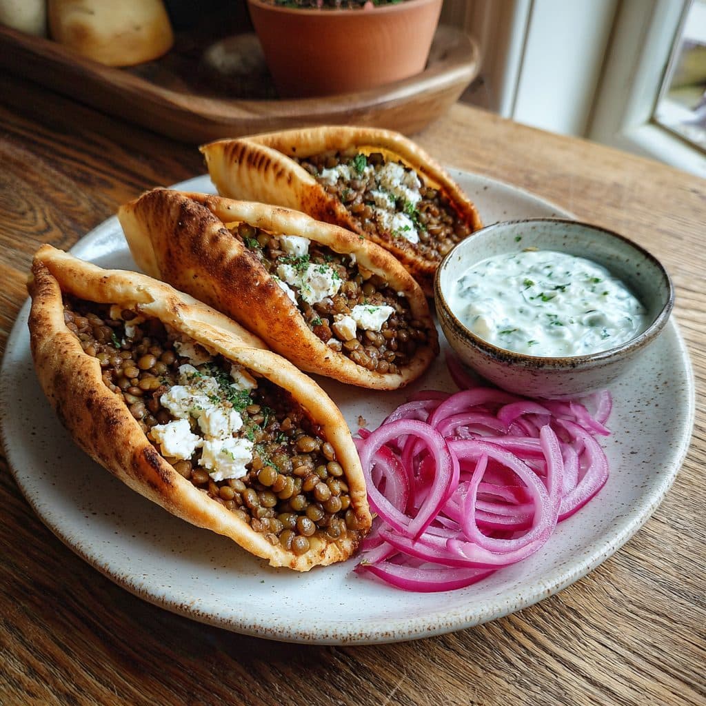 Griechische Linsen-Feta-Pitas mit Tzatziki