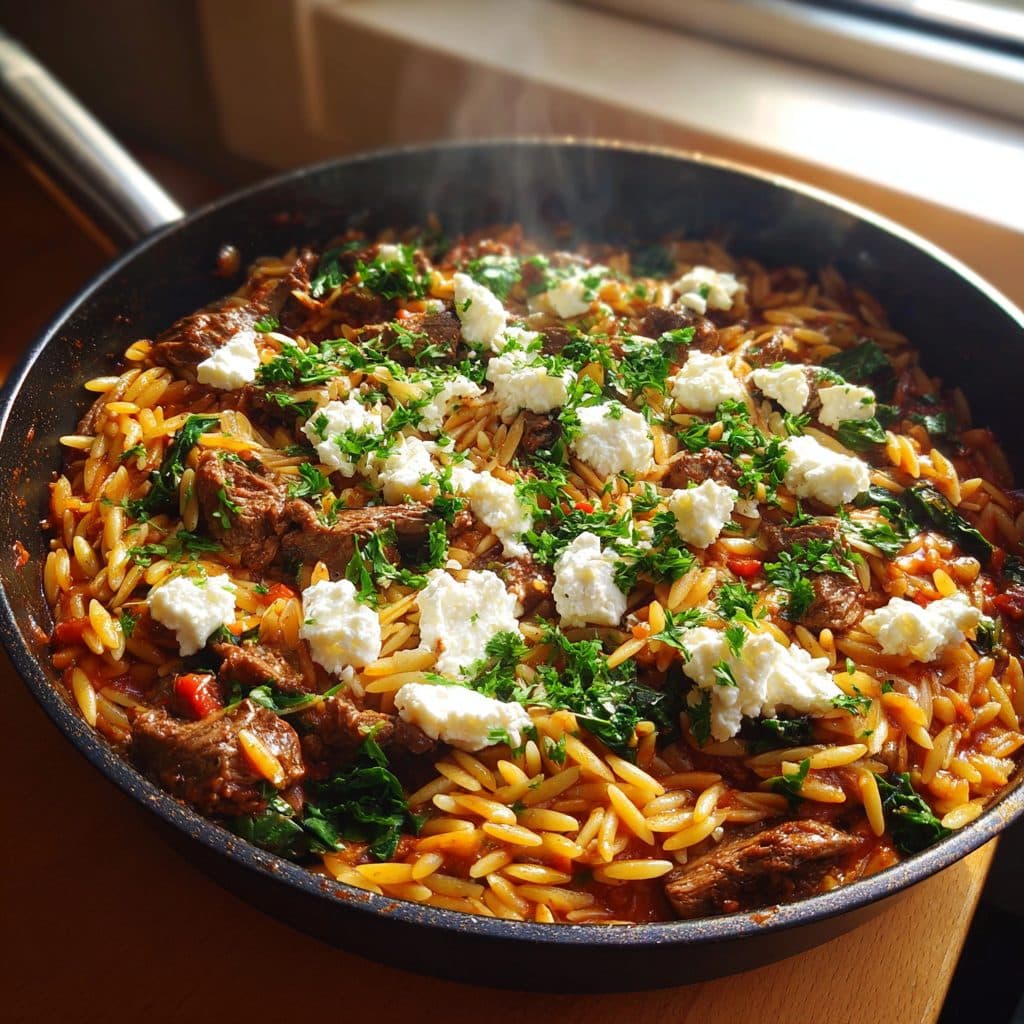 Griechische Rinderfilet-Kritharaki-Pfanne mit Feta