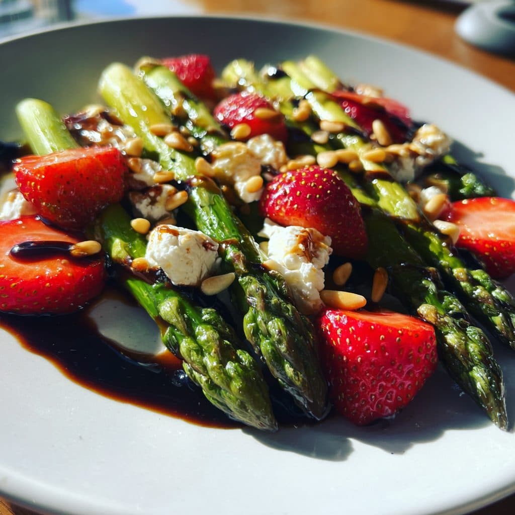Grüner Spargel mit Ziegenkäse, Erdbeeren und Balsamico-Reduktion
