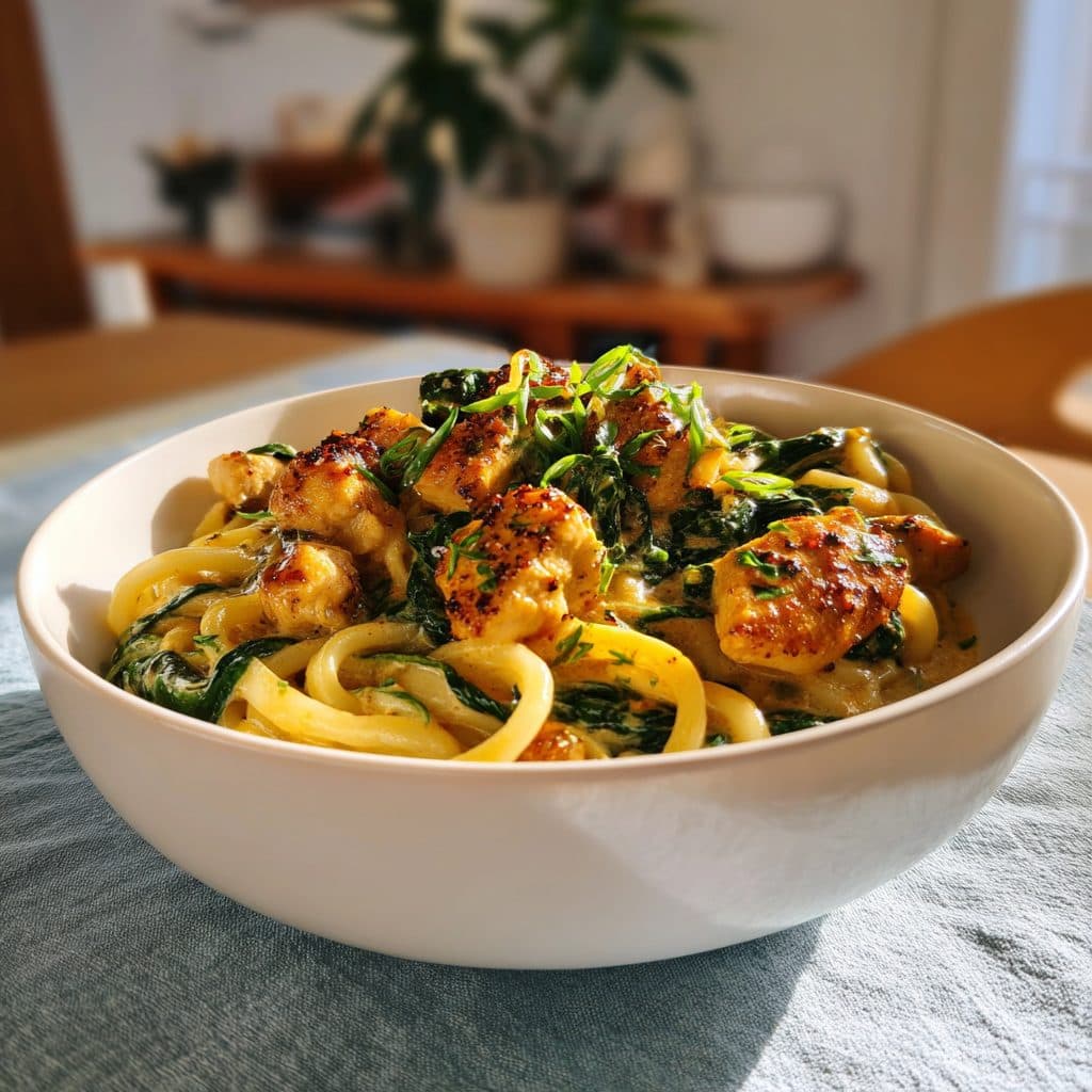 Hähnchen-Sahnesauce mit Udon-Nudeln und Spinat