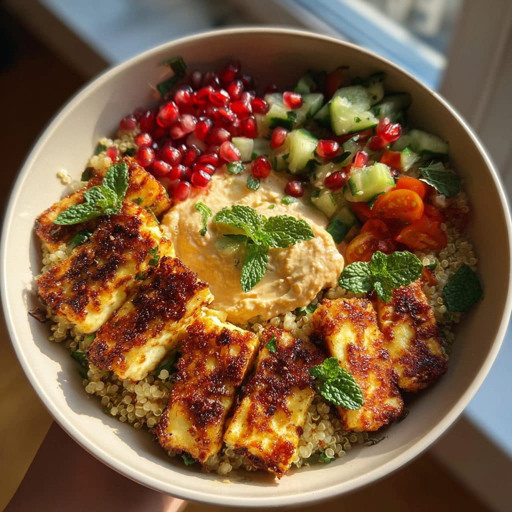 Halloumi-Bowl mit Quinoa, Hummus und Granatapfel