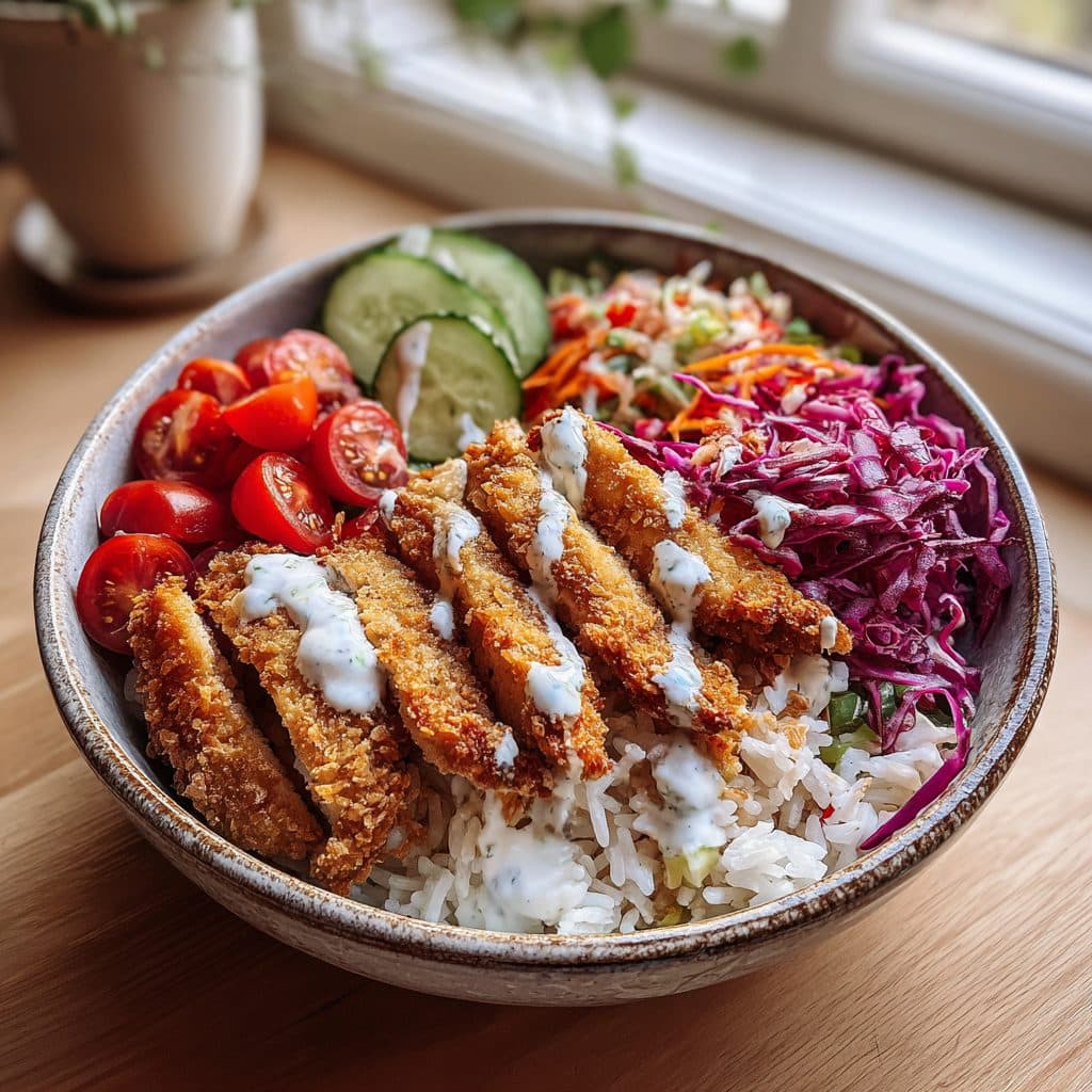 Hausgemachte Hähnchen-Döner-Bowl mit Kräuterreis und Joghurt-Minz-Sauce
