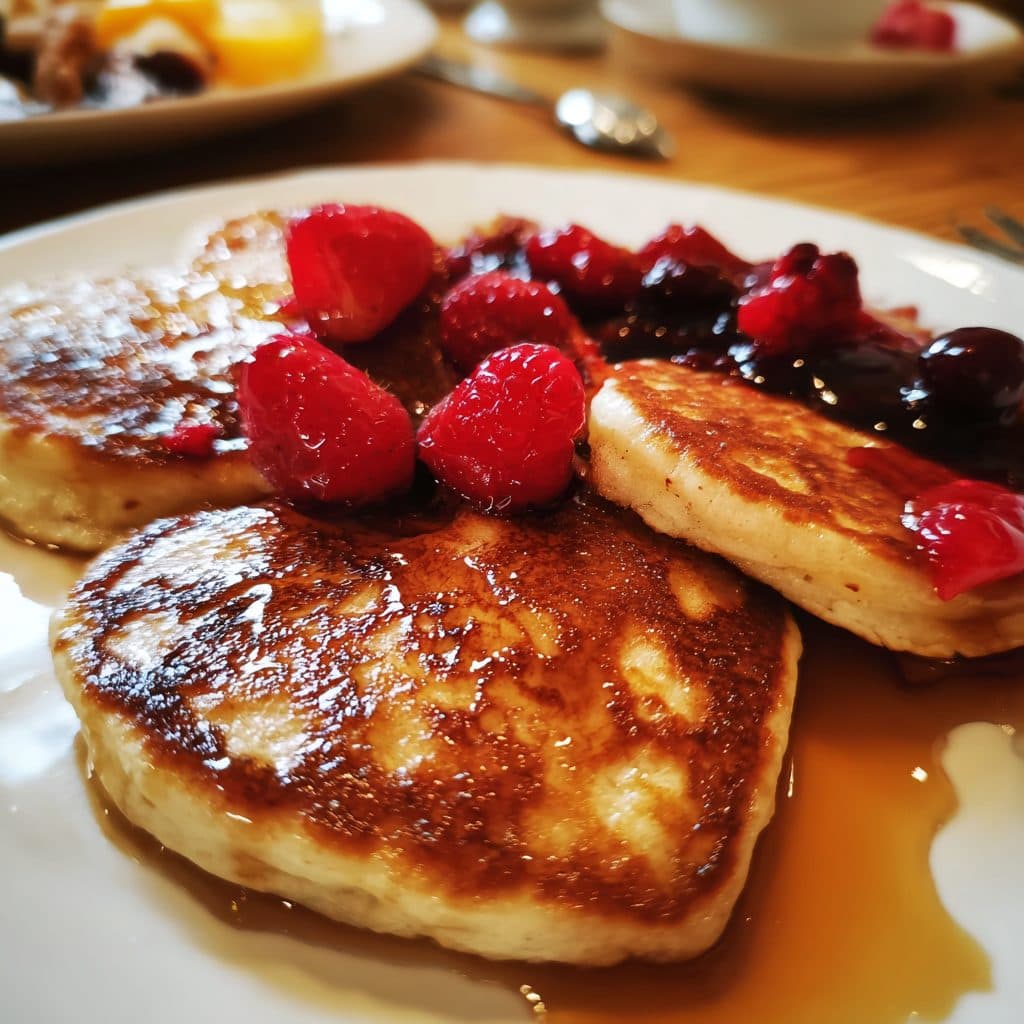 Herzförmige Pancakes mit frischen Beeren