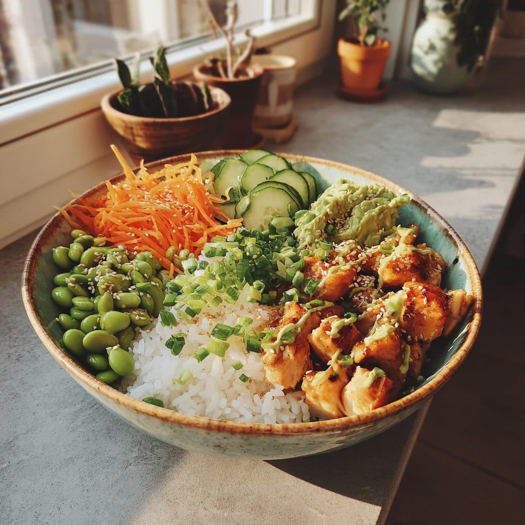 Herzhafte Frühlings-Reis-Bowl mit mariniertem Hähnchen und Edamame