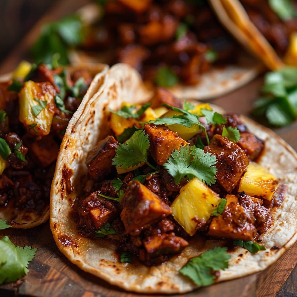 Herzhafte Kakao-Mole Tacos mit geschmortem Jackfrucht und Ananas-Salsa