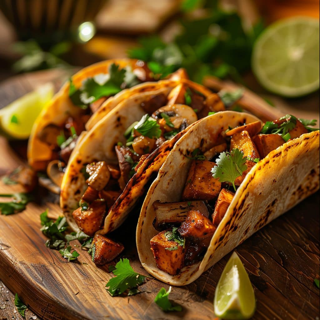 Herzhafte Kakao-Mole Tacos mit Pilzen und Süßkartoffeln