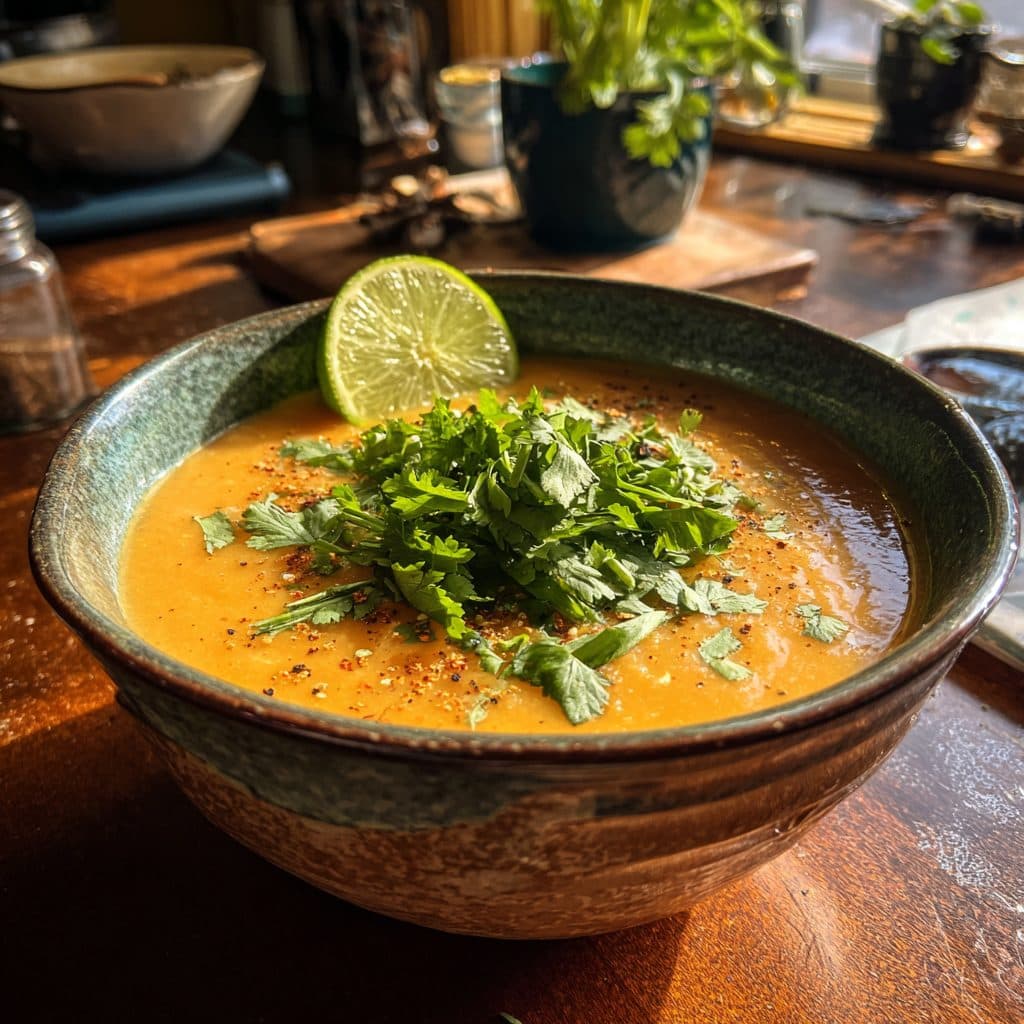 Indische Rote Linsensuppe (Dal) mit Kokosmilch und Curry