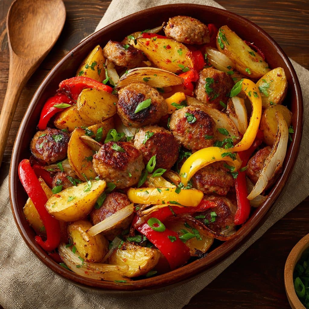 Italienische Bratwurst mit Kartoffeln, Paprika und Zwiebeln