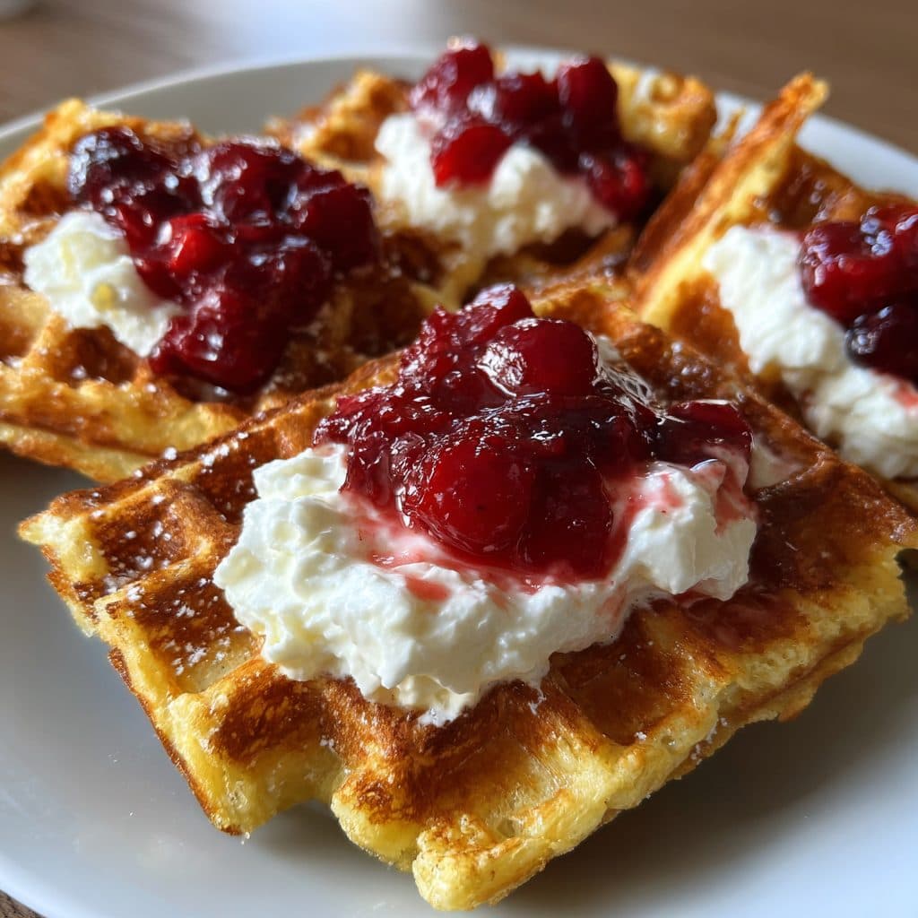 Klassische Nachmittags-Waffeln mit Kirschen und Schlagsahne