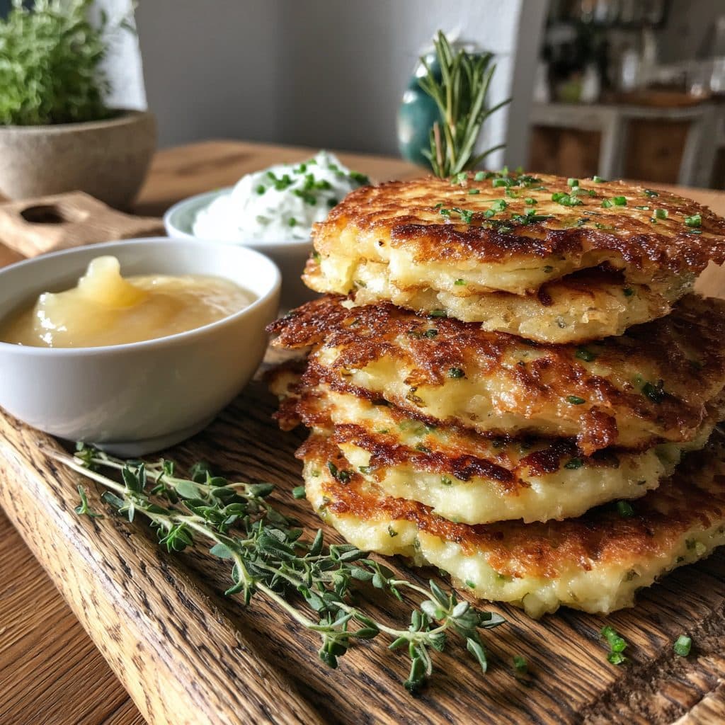 Knusprige Kartoffelpuffer mit Apfelmus und Kräuterquark
