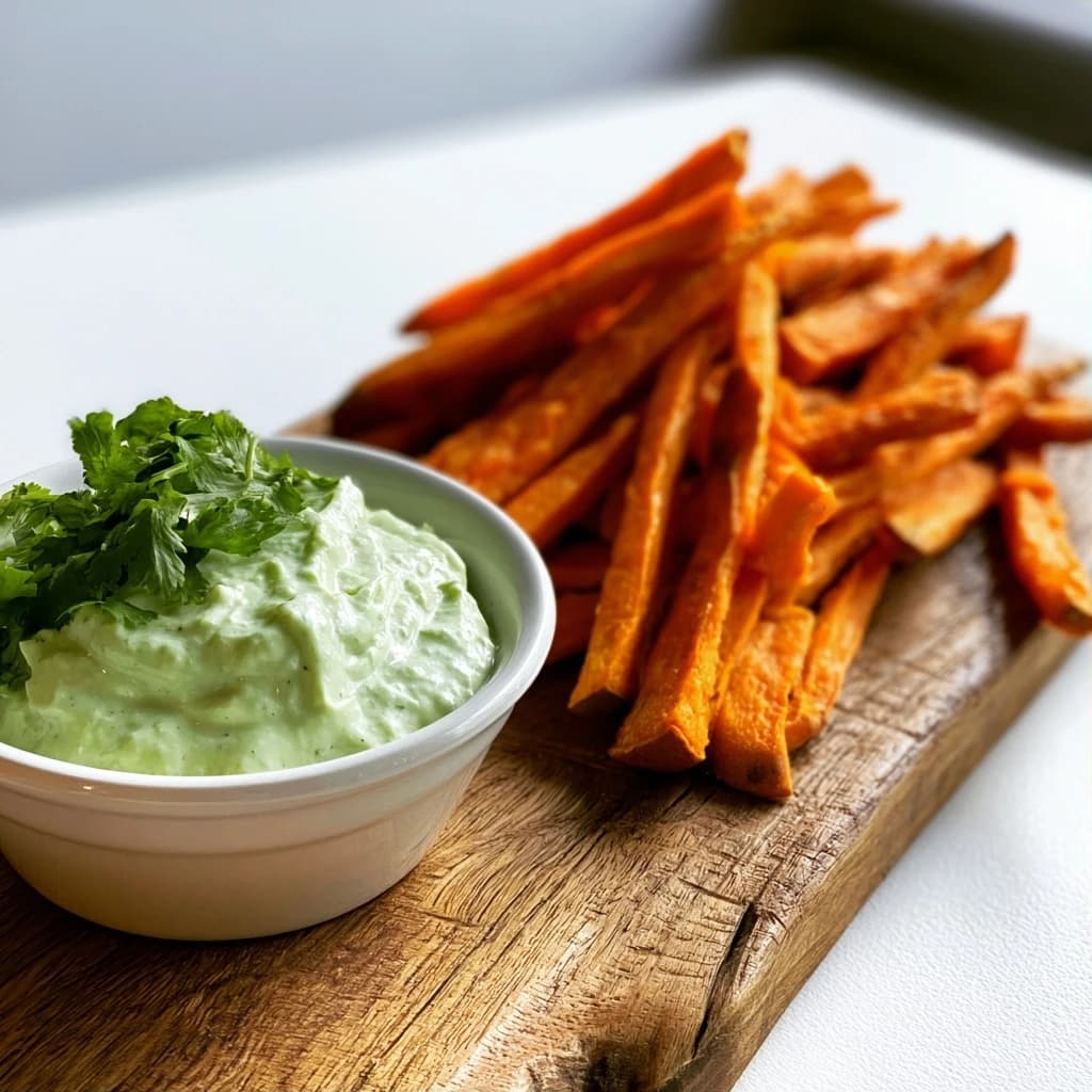Knusprige Süßkartoffel-Pommes aus dem Airfryer mit Limetten-Koriander-Dip