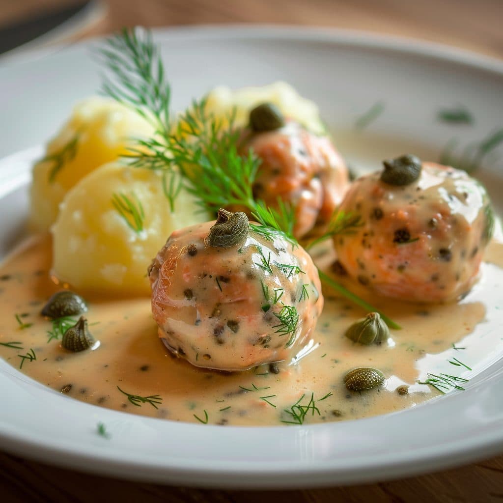 Königsberger Klopse vom Lachsfilet mit Kapernsauce und Dillkartoffeln