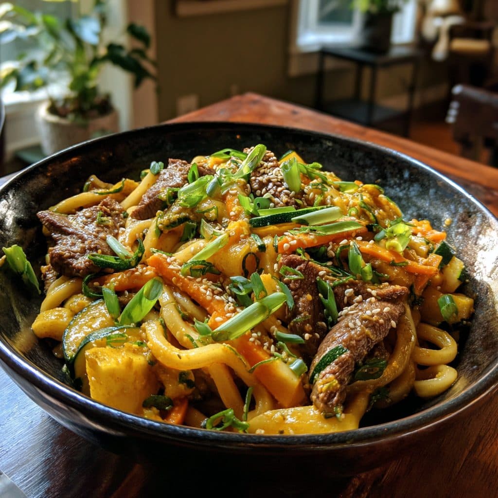 Koreanische Rinderfilet-Udon-Pfanne mit Zucchini und Kurkuma-Senf-Sauce
