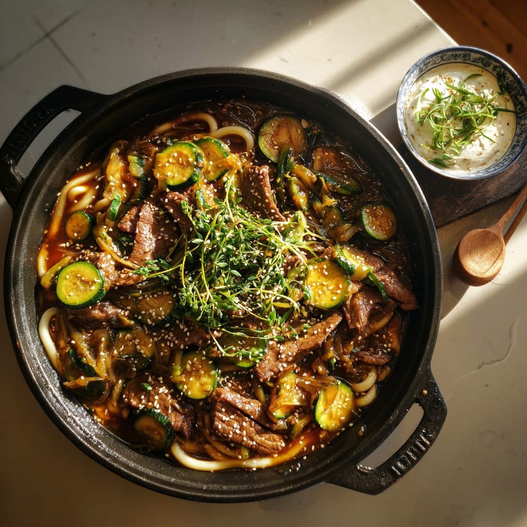 Koreanische Rinderstreifen-Udon-Pfanne mit Zucchini und Schmand-Limetten-Dip