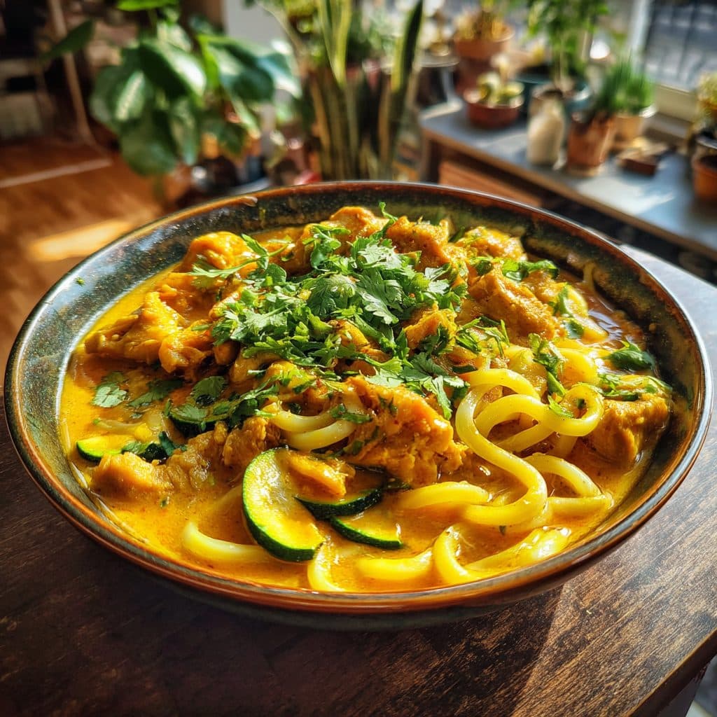 Koreanisches Hähnchen-Curry mit Udon-Nudeln und Kokos-Limetten-Sauce