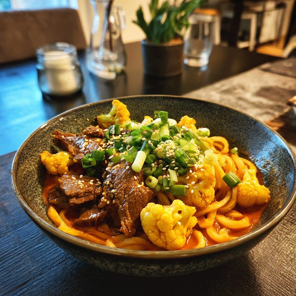 Koreanisches Rinderfilet-Curry mit Udon-Nudeln und Blumenkohl