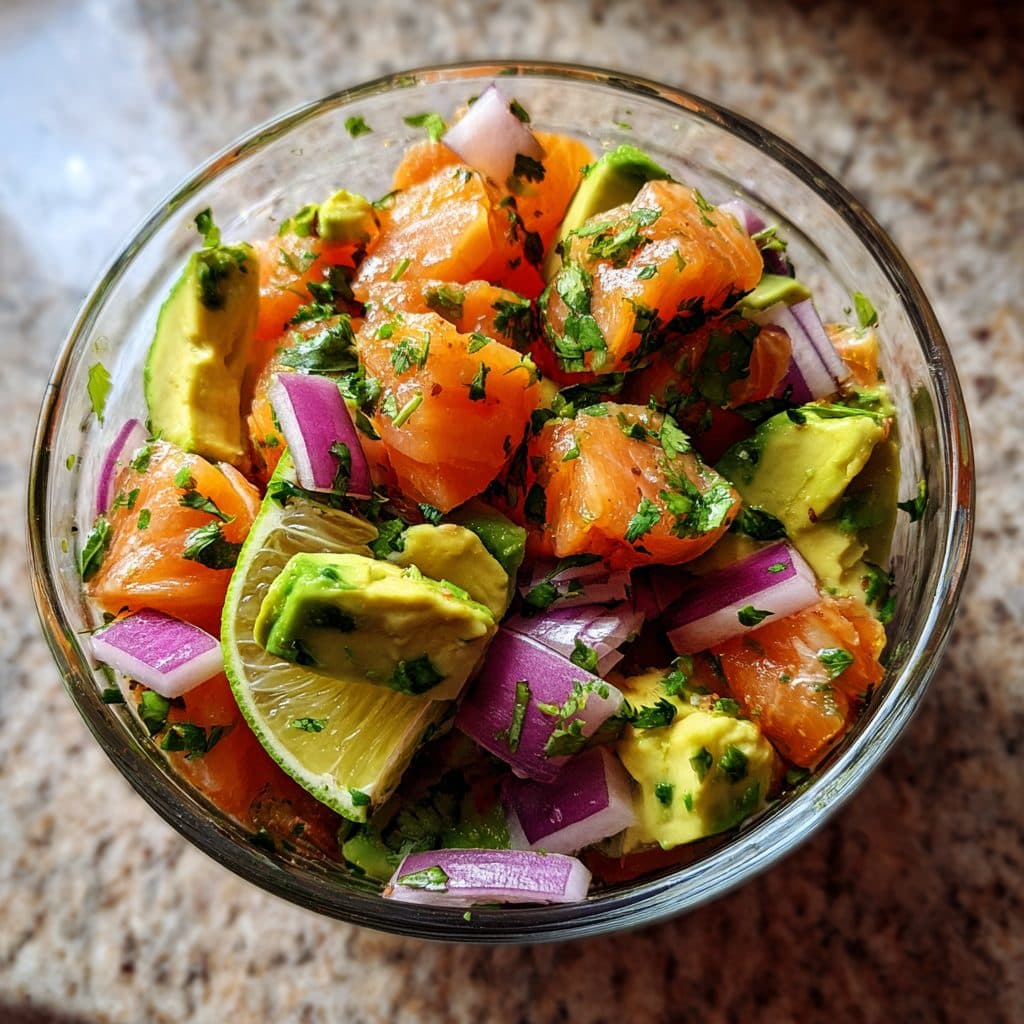 Lachs-Ceviche mit Avocado, Limette und Rote Zwiebeln