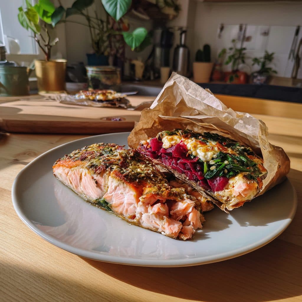Lachs-Päckchen mit Rote Bete, Spinat und Ziegenkäse