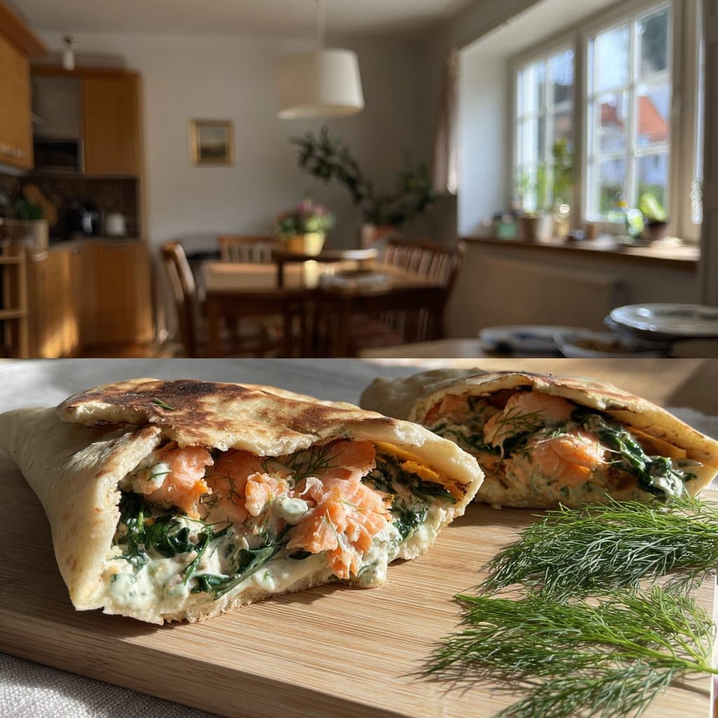 Lachs-Pitas mit Spinat, Rote Zwiebeln und Dill-Quark-Aufstrich