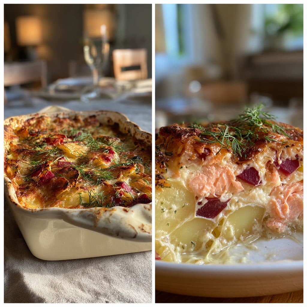 Lachs-Rote-Bete-Gratin mit Kartoffeln und cremiger Dill-Sahnesauce