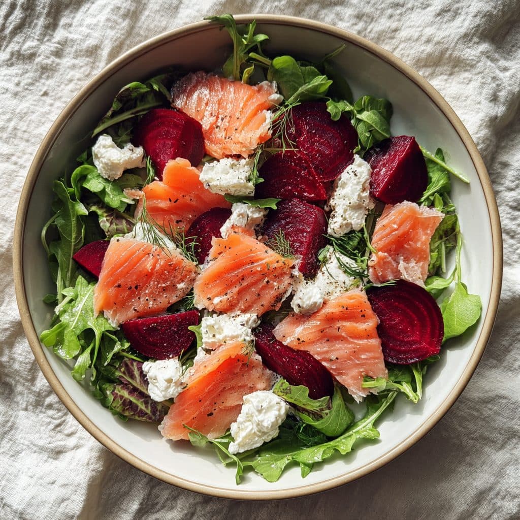 Lachs-Rote Bete-Salat mit Ziegenkäse und Balsamico-Dressing