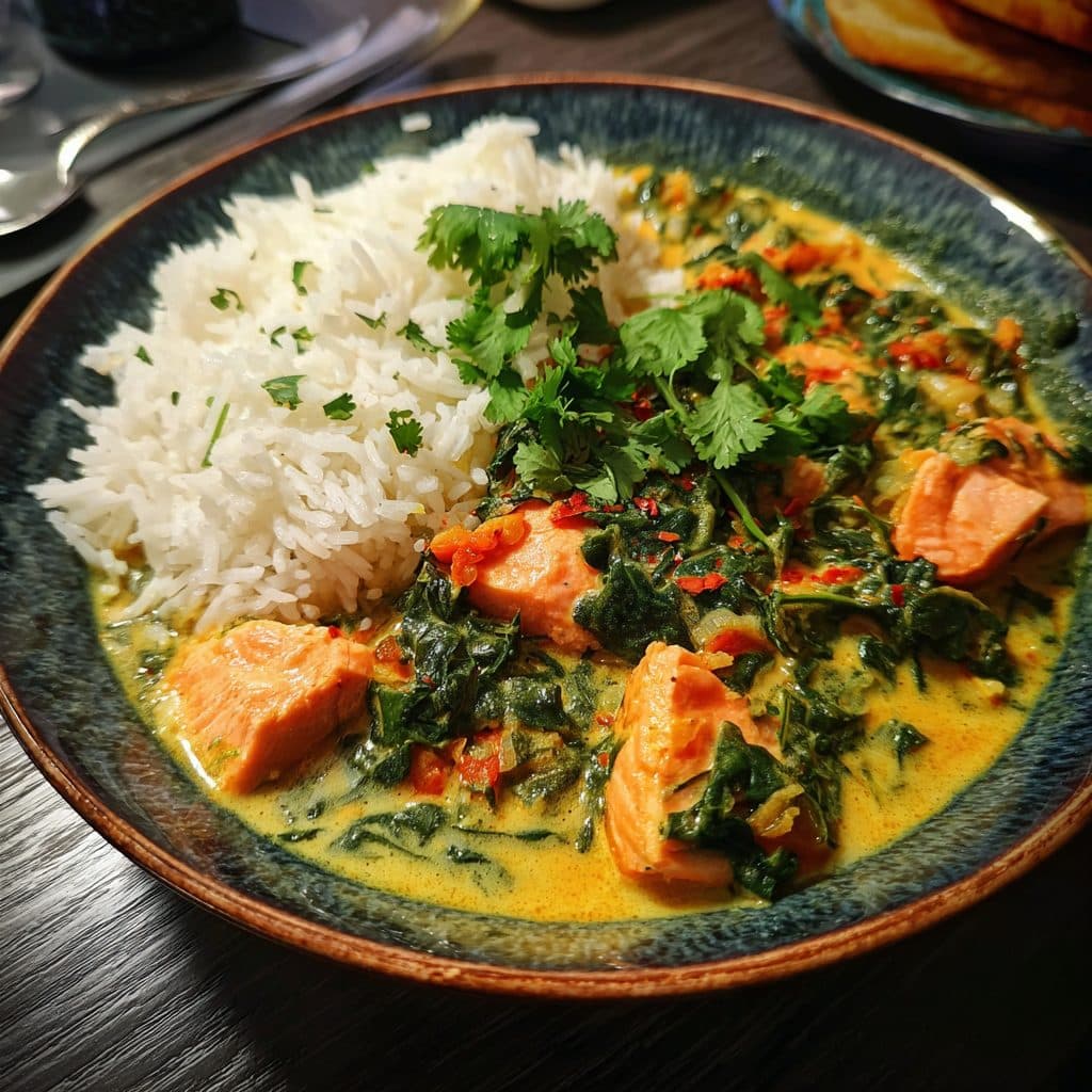 Lachs-Spinat-Curry mit Kokosmilch und Basmatireis