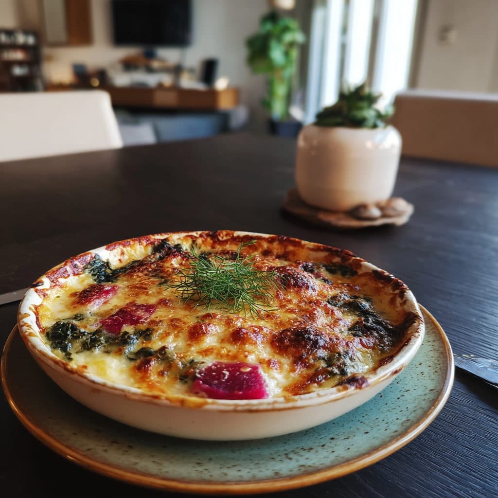 Lachs-Spinat-Gratin mit Ziegenkäse und Rote Bete