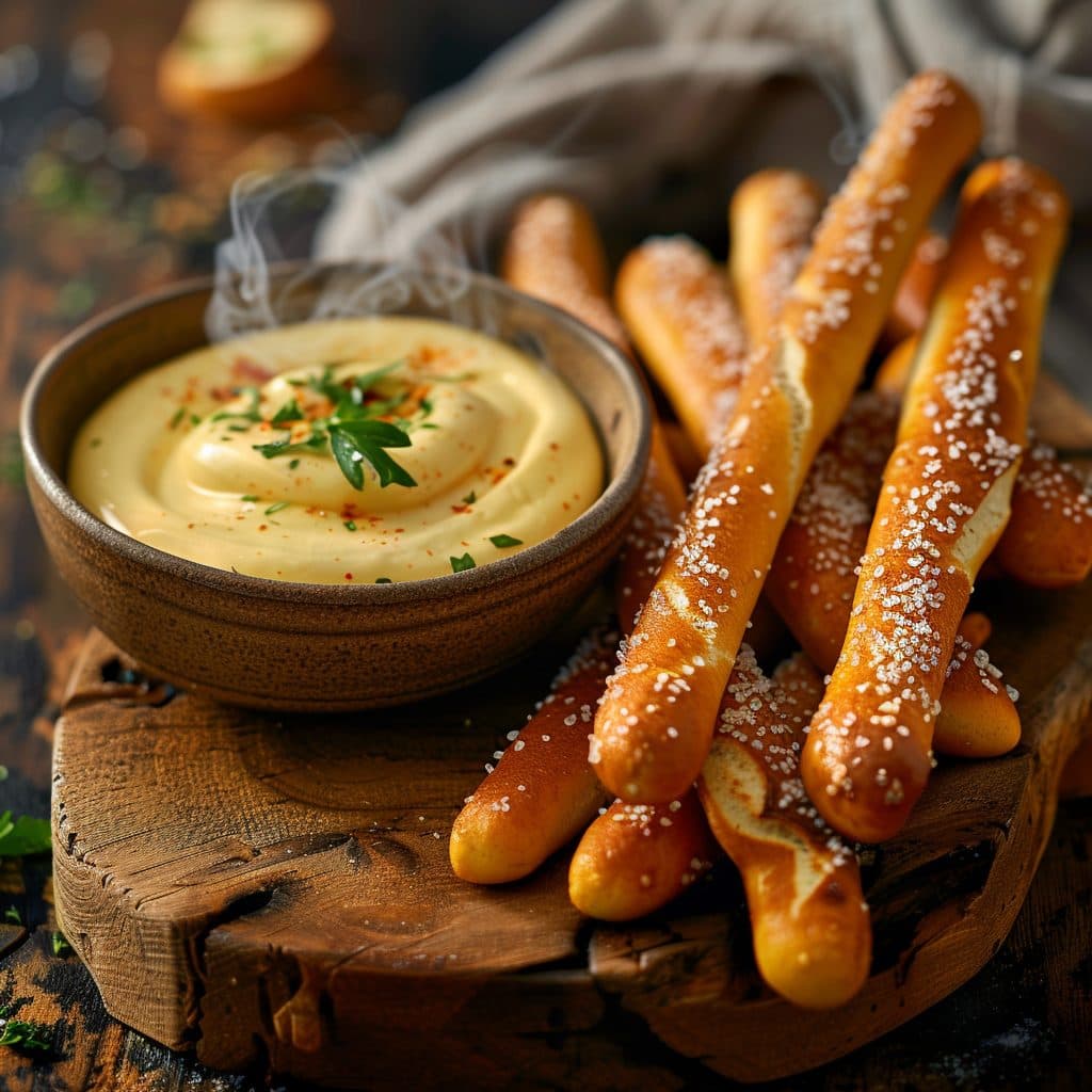 Laugenstangen mit herzhaftem Käse-Dip