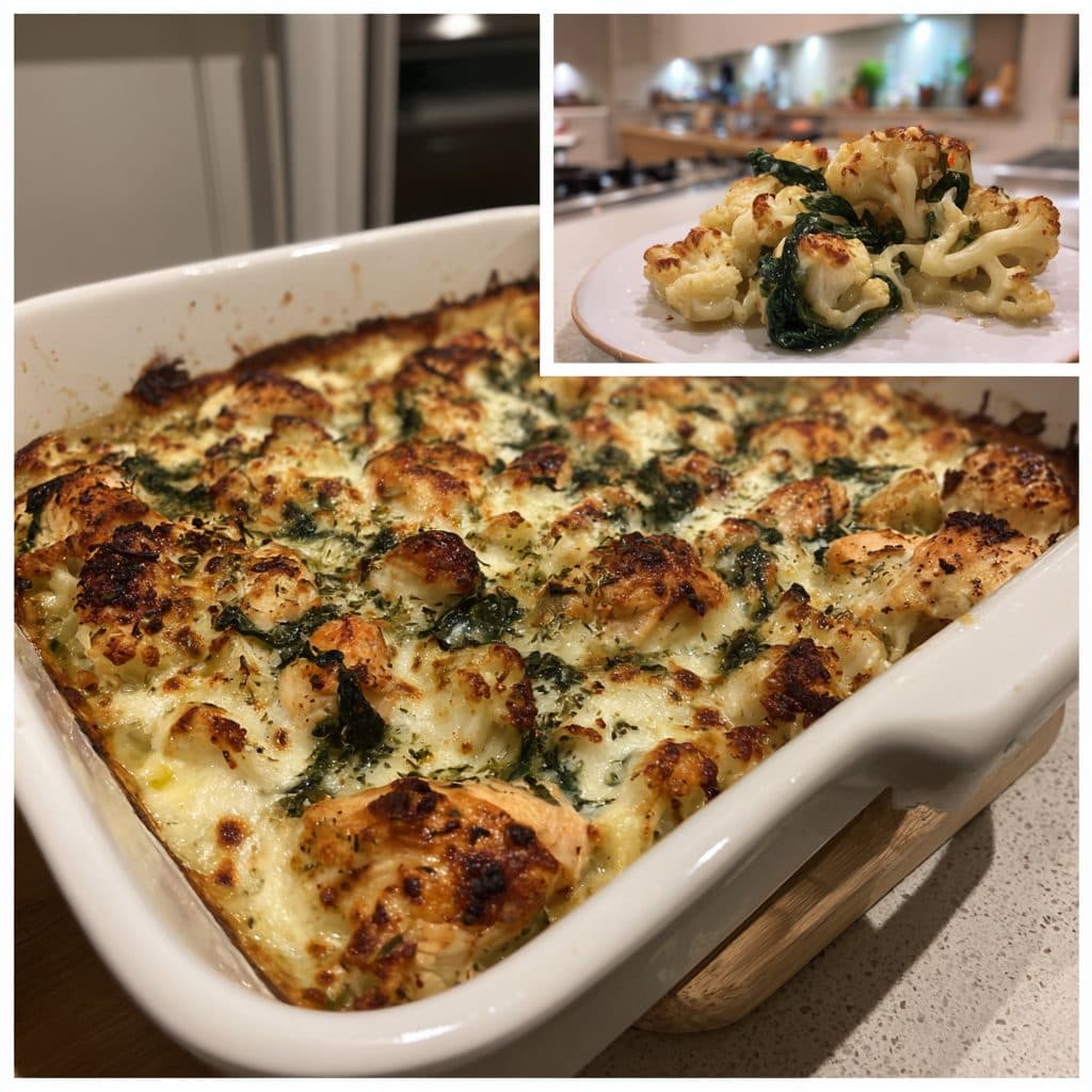 Low-Carb Hähnchen-Blumenkohl-Auflauf mit Spinat und Mozzarella