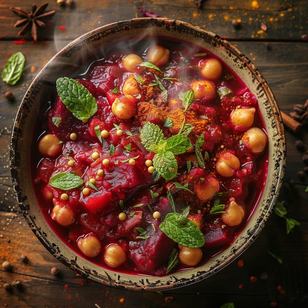 Nahöstlicher Rote-Bete-Kichererbsen-Eintopf mit Kreuzkümmel und Minze