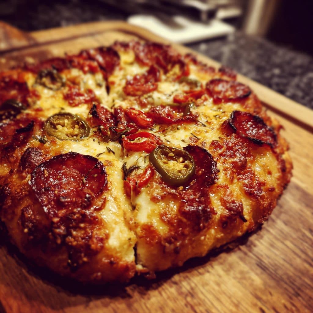 Herzhafte Pizza mit Rindersalami und Peperoni