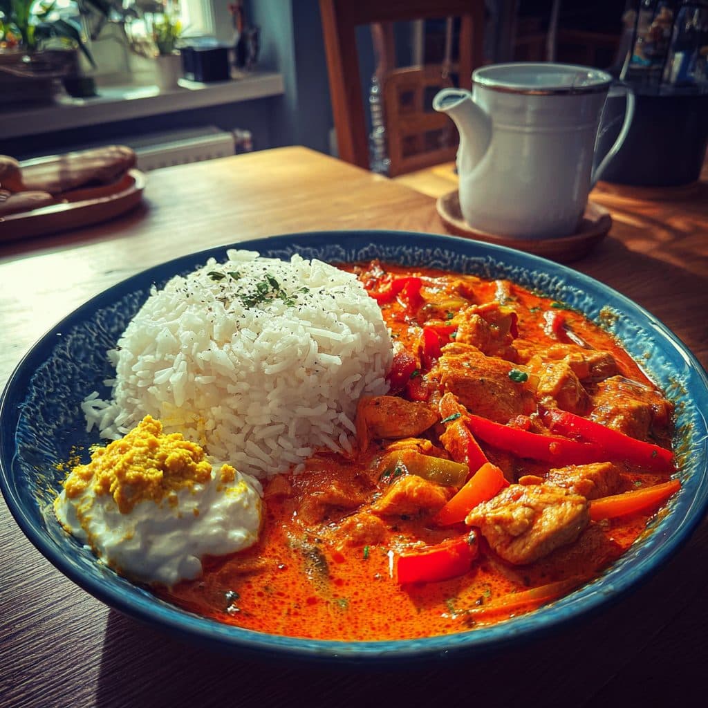 Putengulasch mit cremigem Reis und Kurkuma-Quark-Aufstrich