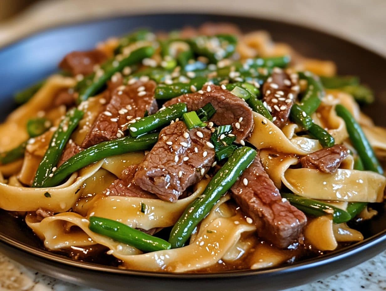 Rinderfilet-Pappardelle mit grünen Bohnen & Ingwer-Sojasauce