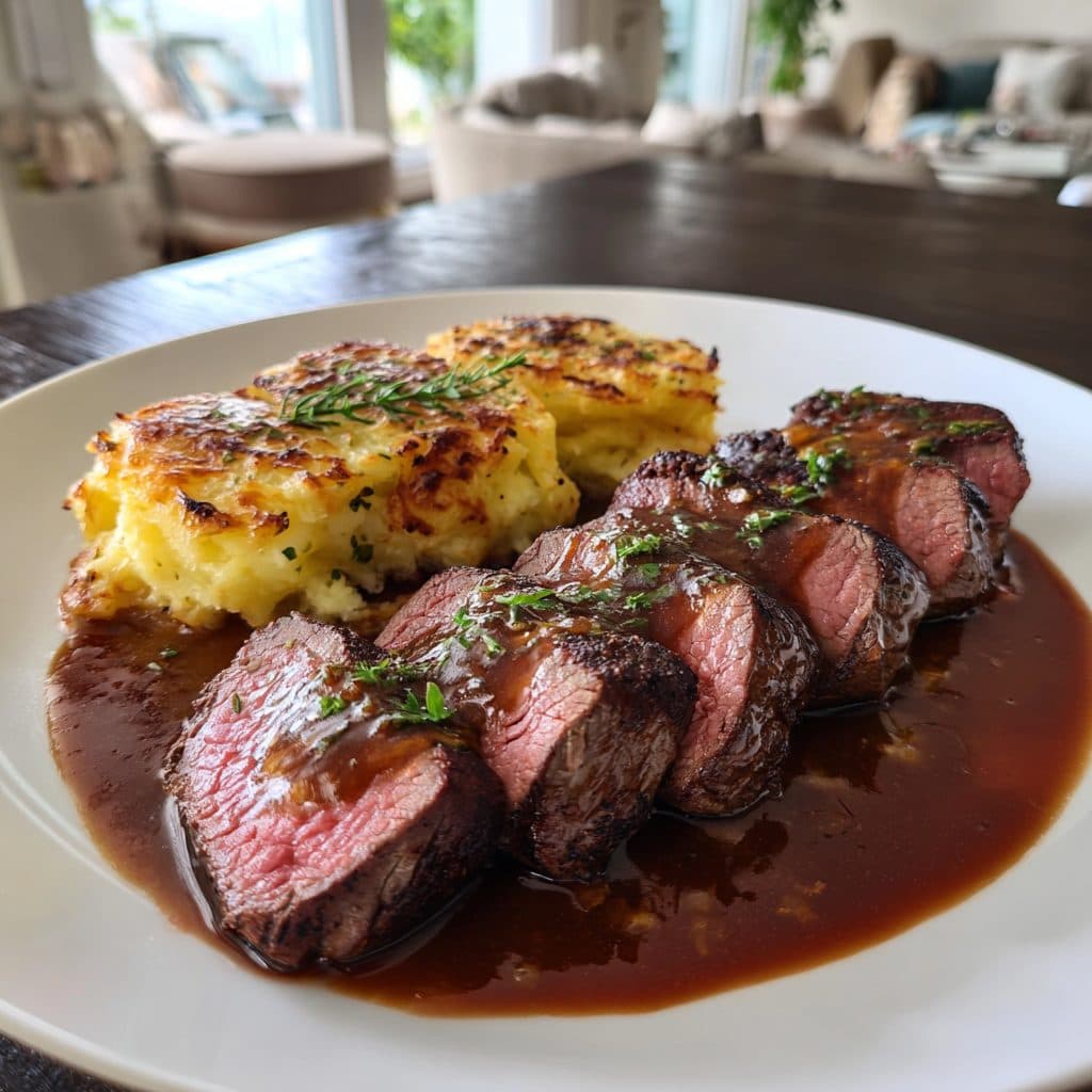 Rinderfilet-Pfanne mit Balsamico-Sahnesauce und Kartoffel-Gratin